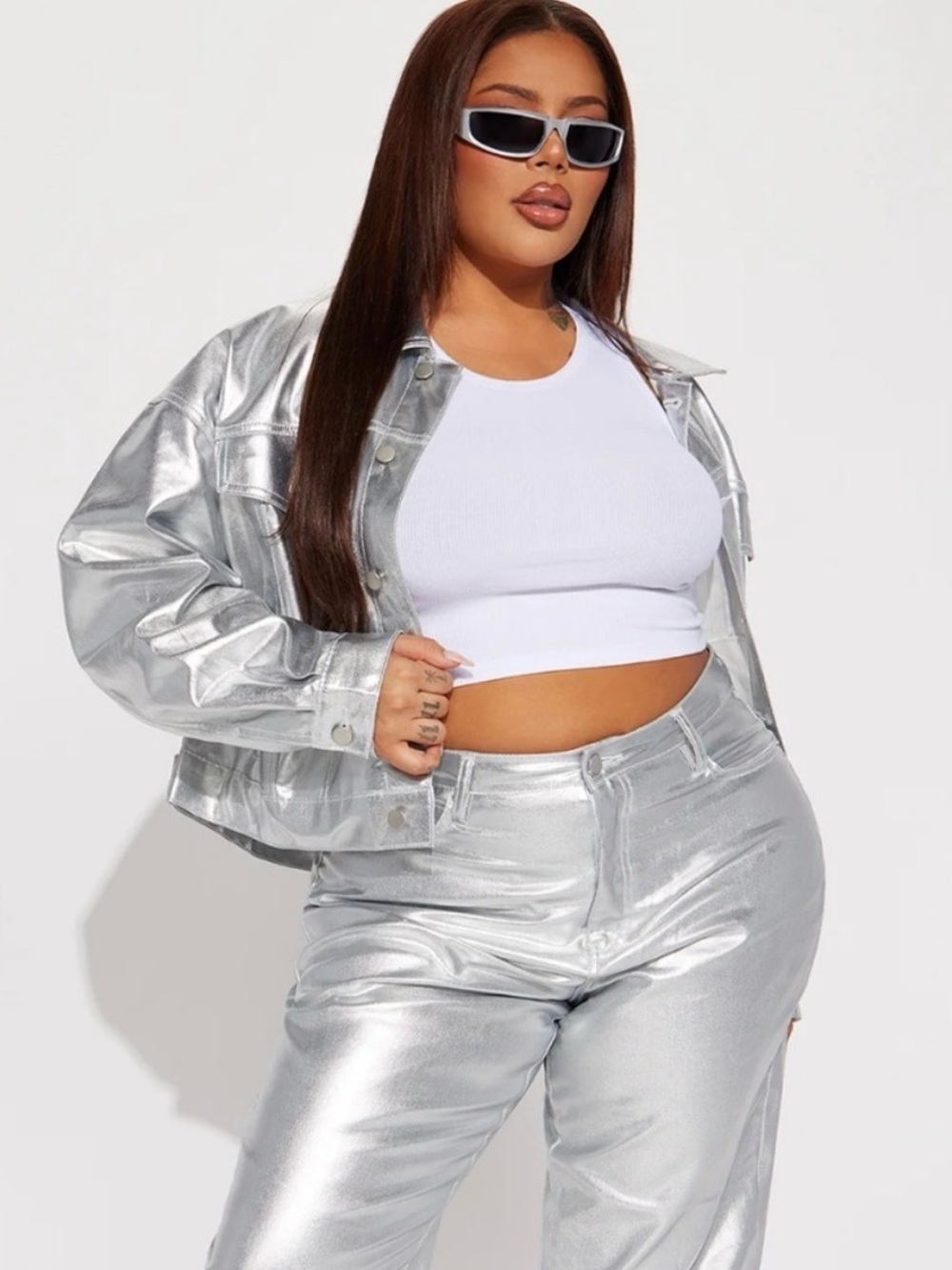 Fashion Nova Silver Metallic Jean Trucker Jacket